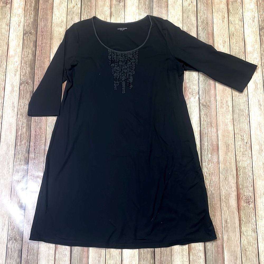 Eileen Fisher Black Scoop Neck Tunic with Front Embellishment